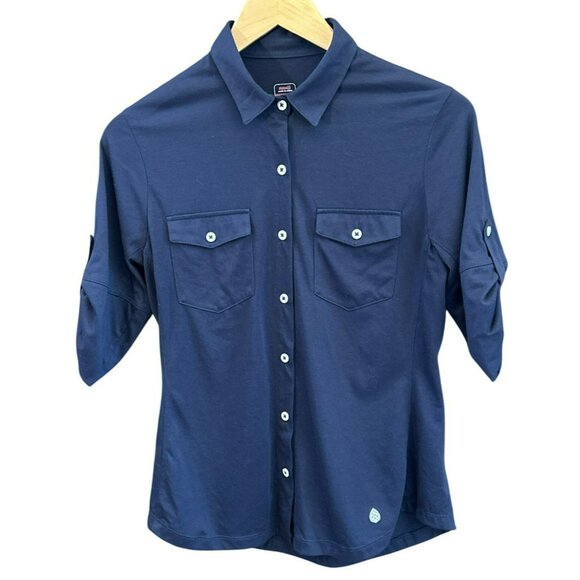 Stio Women's Navy Blue Collared Button Up Roll Tab Sleeve Blouse Small EUC - Picture 1 of 4